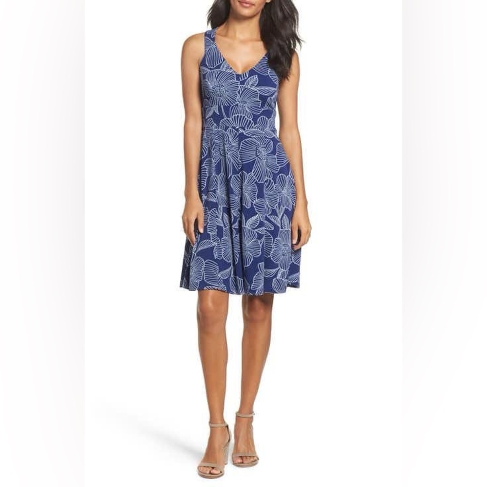 Adrianna Papell Blue Floral Fit & Flare Dress Crisscross Straps XS